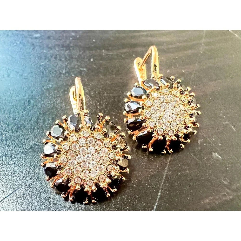 585 14K RG Hallmark Rolled Gold Black Spinel Zircon Sunflower Drop Stud Earrings